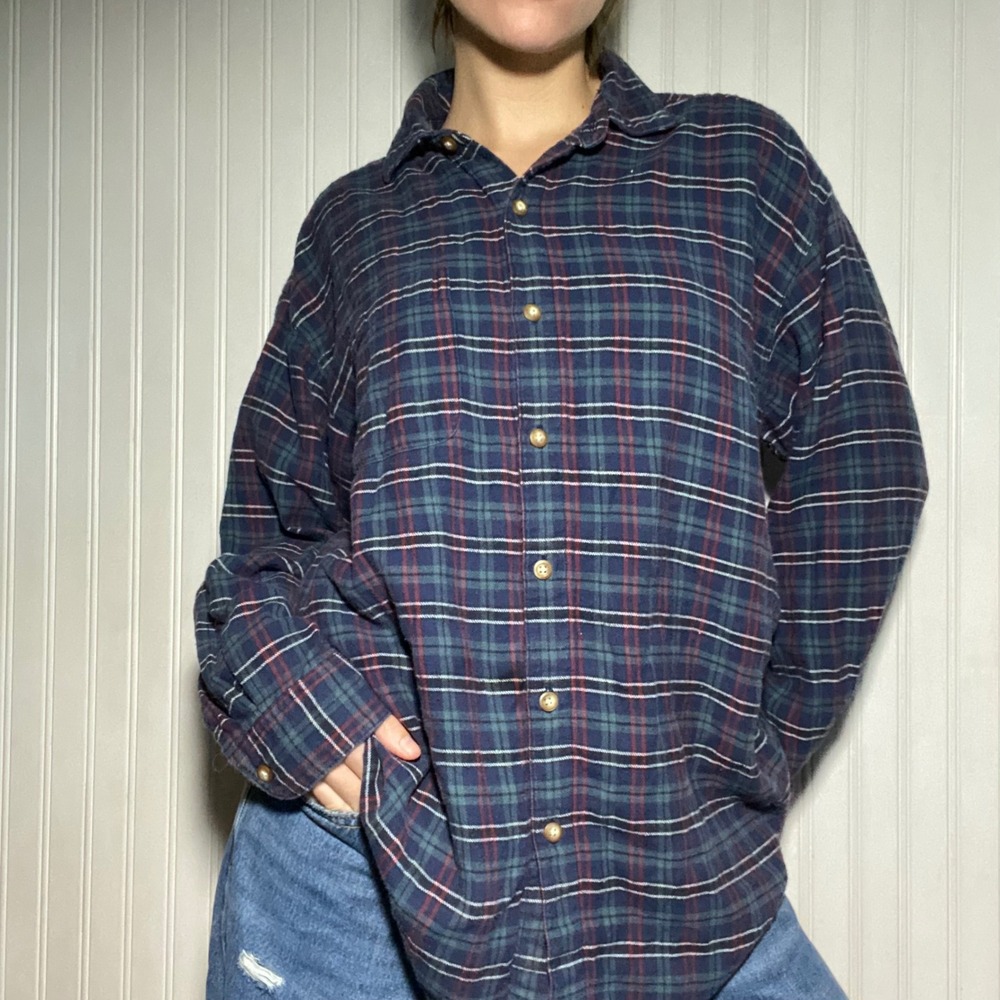 VTG Eddie Bauer Cotton Grunge Blue Purple Plaid Flannel Shirt Gorpcore Cabin - L